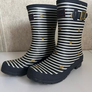 Joules Molly Welly Striped Rain Boots with Gold Polka Dots Womens 10